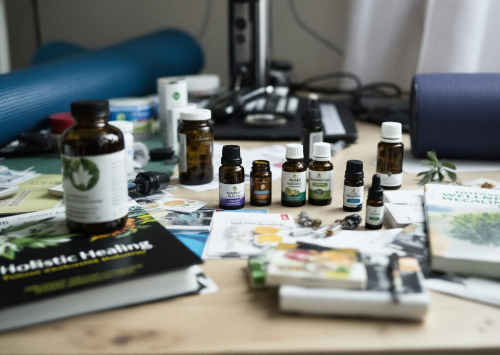 A cluttered desk filled with wellness-related items: herbal medicine bottles, essential oils, a yoga mat, and a book titled 'Holistic Healing.' The desk is messy, symbolizing confusion and chaos in the wellness industry. The lighting is soft and natural