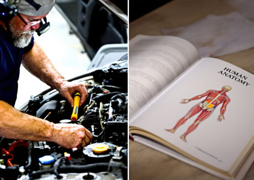 A split-screen image: on the left, a person carefully inspecting a car engine with tools and a focused expression. On the right, the same person ignoring a book about human anatomy, which is left closed on a table. The scene highlights the contrast between attention to material objects and neglect of self-knowledge