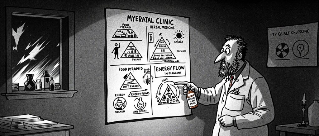 A small, dimly lit clinic with a quack doctor holding a bottle of herbal medicine. The doctor is pointing to a chart with vague symbols, such as a food pyramid and energy flow diagrams. The scene is slightly humorous, with an unscientific and outdated atmosphere