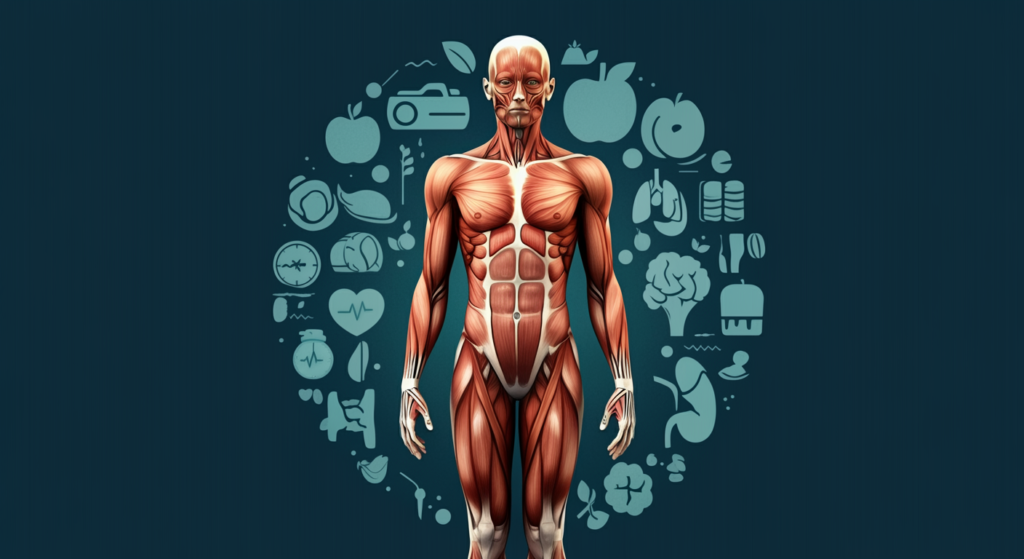 Illustration of a healthy human body surrounded by icons of wellness, including food, exercise, and internal organs, symbolizing physical health and vitality.